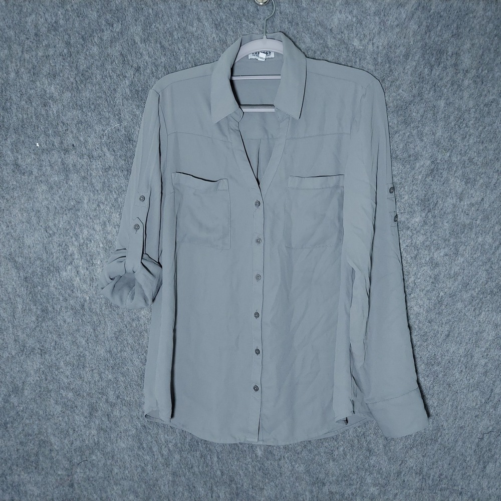 Express Women Portofino Shirt Size M Gray Minimalist Roll Tab Sleeve Button Down